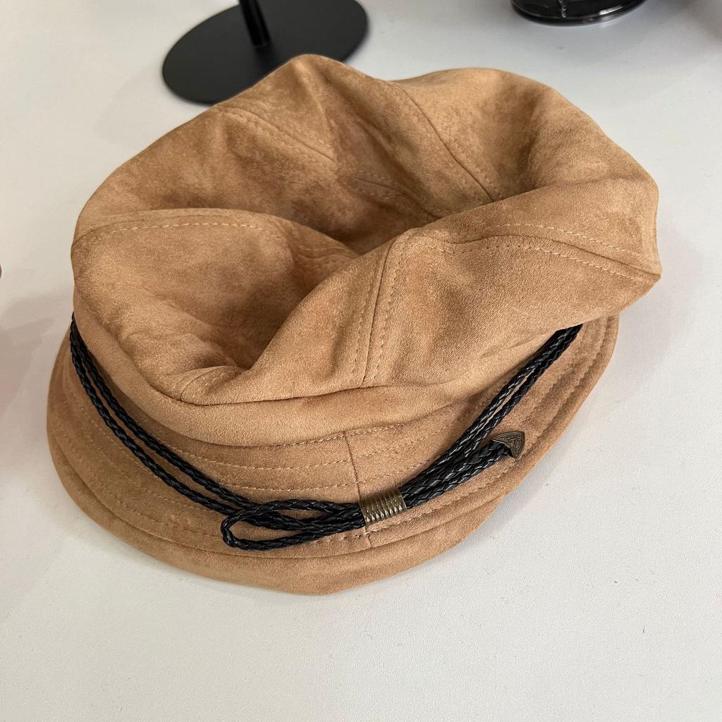 Suede bucket hat women's pleated basin hat retro autumn and winter versatile face small shade flanged hat tide