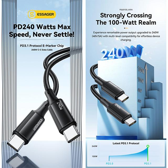 Essager 240W USB Type C Cable for iPhone 15 Pro Max PD3.1 Super Fast Charging Type C Cable 5A for Xiaomi Macbook Pro iPad Laptop