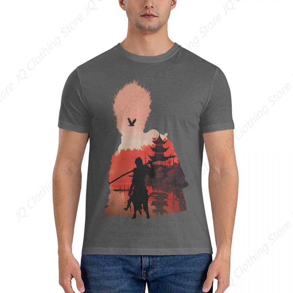 Men Negative Illusion Photographic Print T Shirts Black Myth Wukong Pure Cotton Clothing Cool Short Sleeve Round Neck