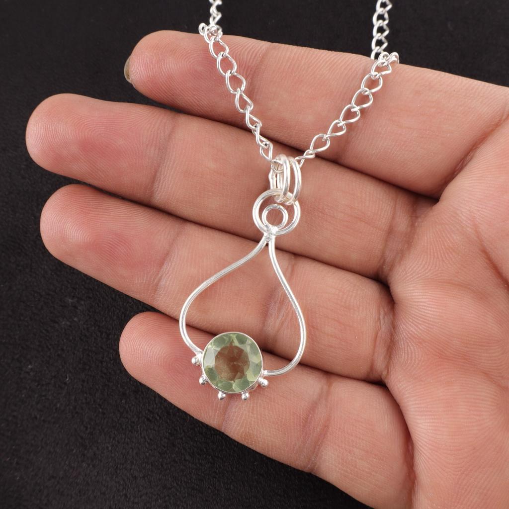 Round Green Amethyst Gemstone Art Deco Daughter Gift Pendant Jewelry 925 Silver PP-40-2