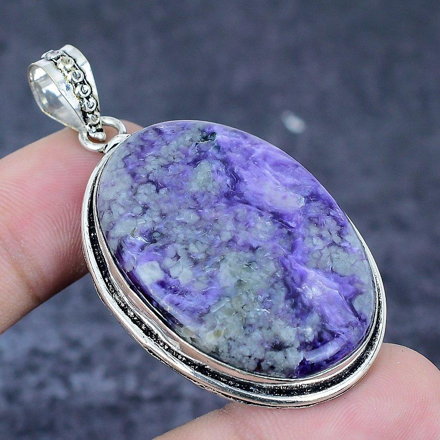 Natural Russian Charoite Gemstone 925 Sterling Silver Jewelry Pendant 2.21" Q3v28