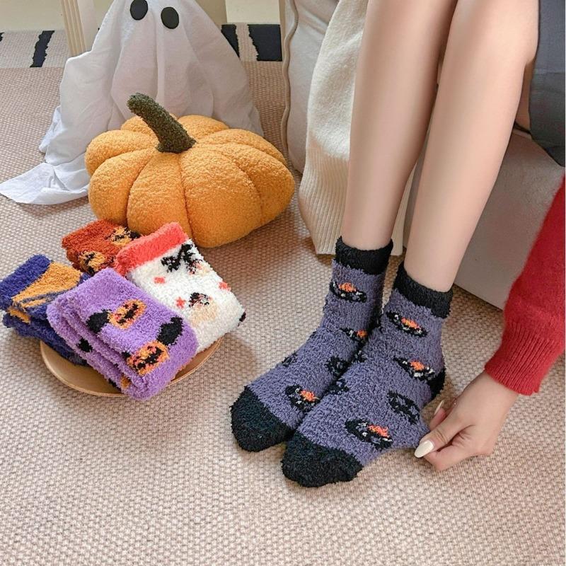 Halloween Coral Velvet Women's Socks Don't Shed Hair Cartoon Warm Middle Socks