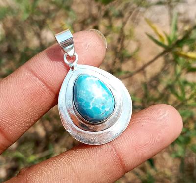 Larimar Gemstone 925 Sterling Silver Plated Pear Handmade Pendant