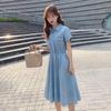 2026 Women's Summer Elegant Waist-Cinched Denim-Look Shirt Dress, Korean Style Mid-Length Skirt