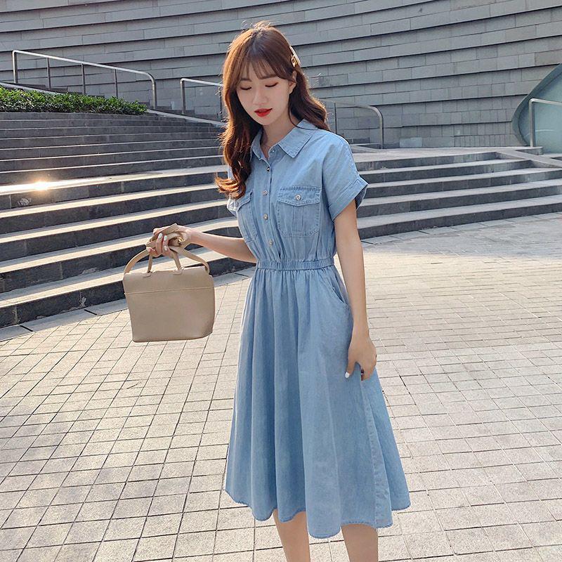 2026 Women's Summer Elegant Waist-Cinched Denim-Look Shirt Dress, Korean Style Mid-Length Skirt