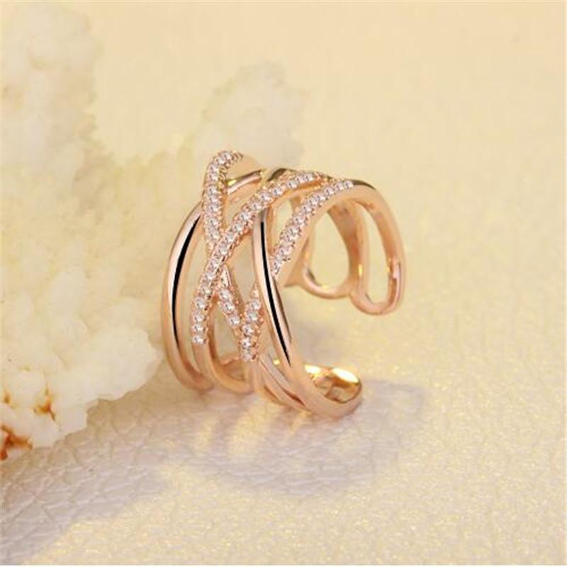 Korean 925 Silver Opening Rings Multi-layer Line Cross Mosaic Zirconia Rings For Women Jewelry S-r243
