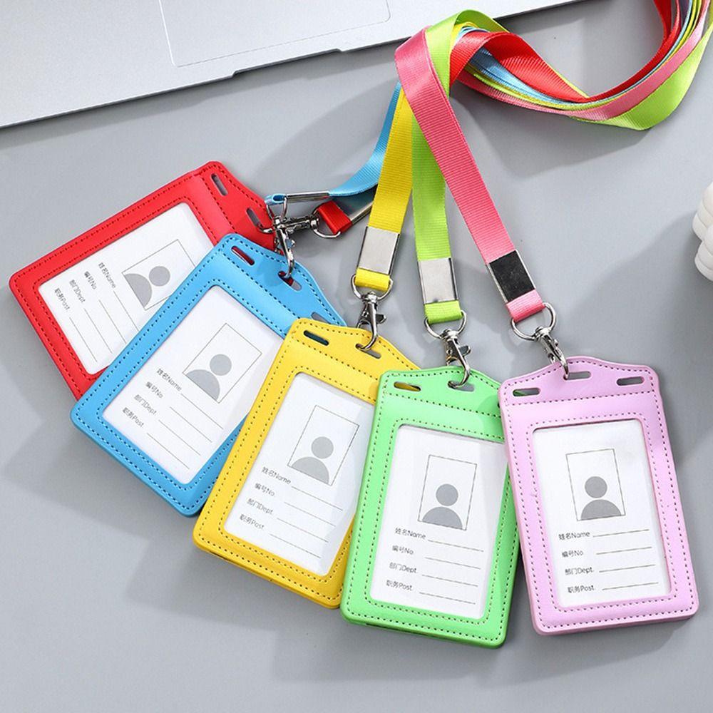 High Quality PU Leather Work Card Holder With Neck Lanyard Solid Color ID Card Cover Chest Cards Cases Business