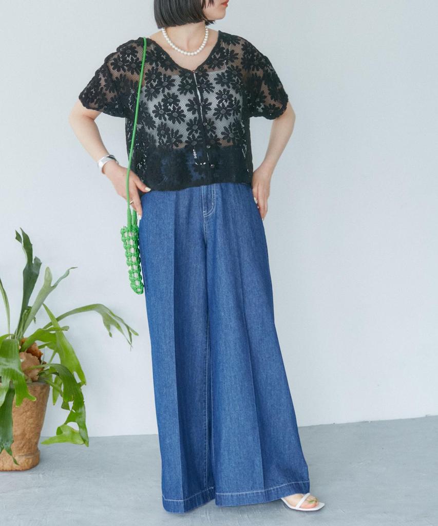 denim pants with center crease and navy size suitable for matching outfits [BIS] Wide-leg belt, washable, (43), M,