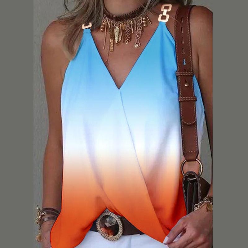 GMXIA Dámská móda Ležérní Jednobarevný potisk Letní vesty s kovovou přezkou bez rukávů s výstřihem do V