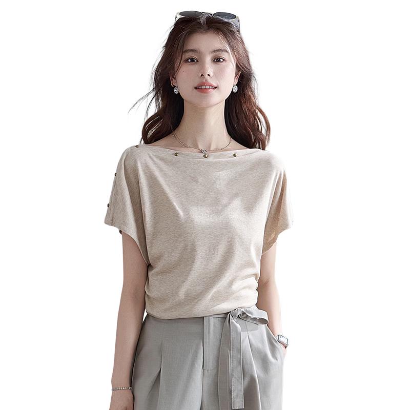VICTORIA&VERA Off-Shoulder Studded Short Sleeve T-Shirt L