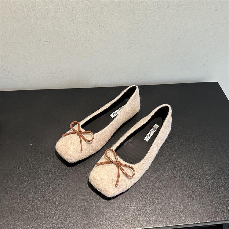 Gentle Cream Tie Bow Flat Shoes Lazy One Pedal Shallow Mouth Square Head Flat Heel Single Shoes Fluffy Shoes Suede Shoes