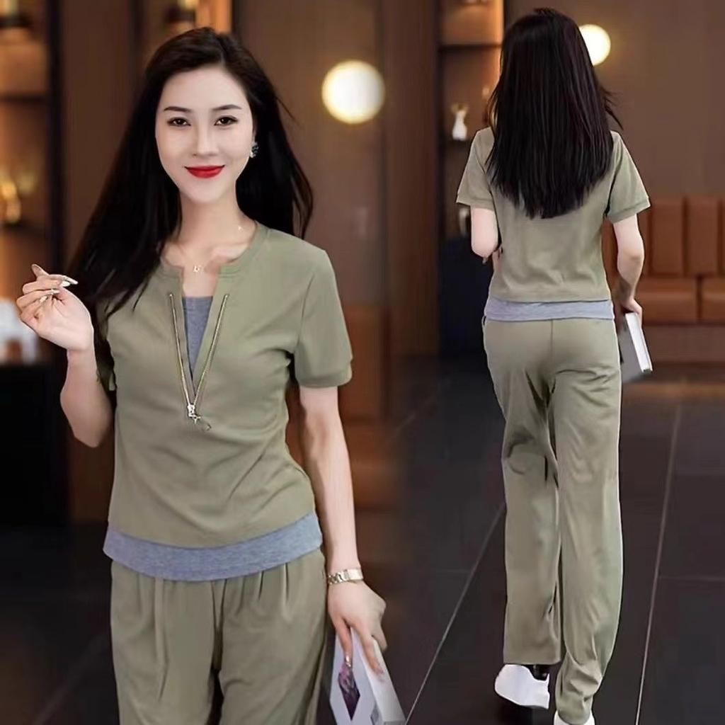 Short Sleeve Casual Sportssuit Women's Summer New Fashion Age-reducing Holiday Two-piece Top Straight-leg Pants Two-piece Set