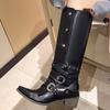 Female Shoes On Sale  Fashion Slip On Women'S Boots Autumn Pointed Toe Solid Buckle Decoration Mid Heel Western High Boots