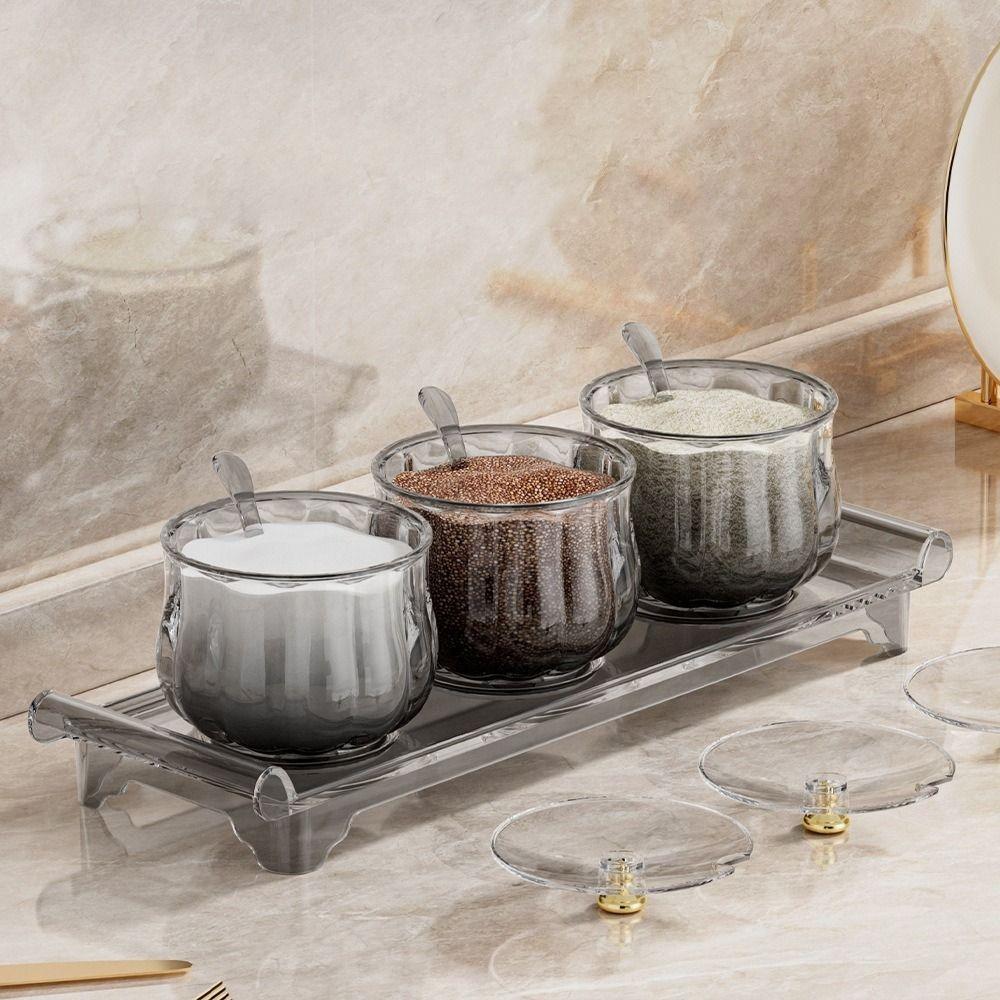 Practical Plastic Seasoning Jar Set Dustproof Large Capacity Spices Storage Box with Lid Spoon Waterproof Condiment Pot for Home