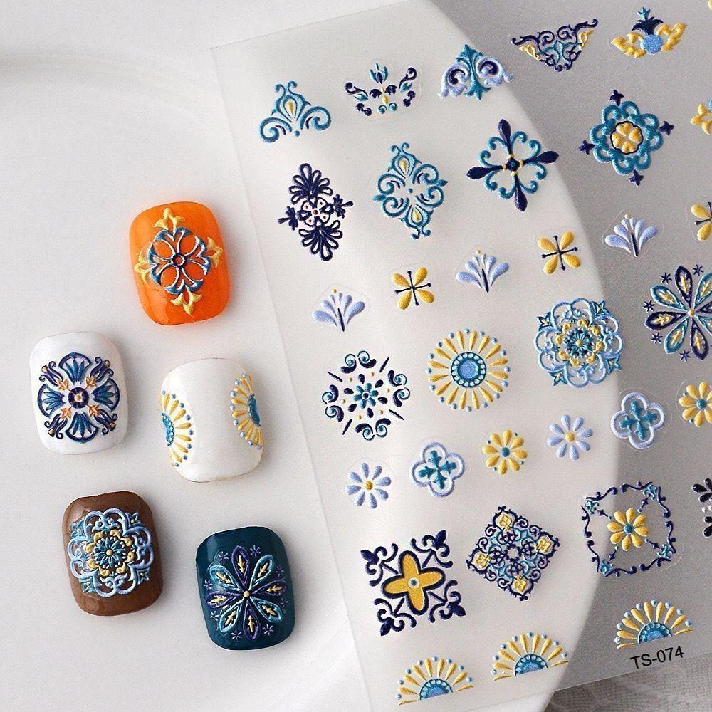 T New 5D Bohemian Ethnic Style Nail Art Sticker Relief Three-dimensional Painted Print Small Pattern Glue Nail