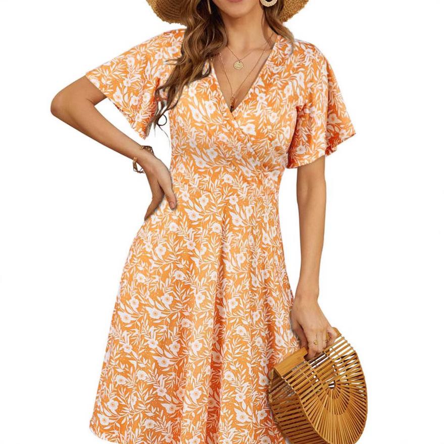 Summer Floral Short Sleeve Wrap V-Neck A Line Midi Dress