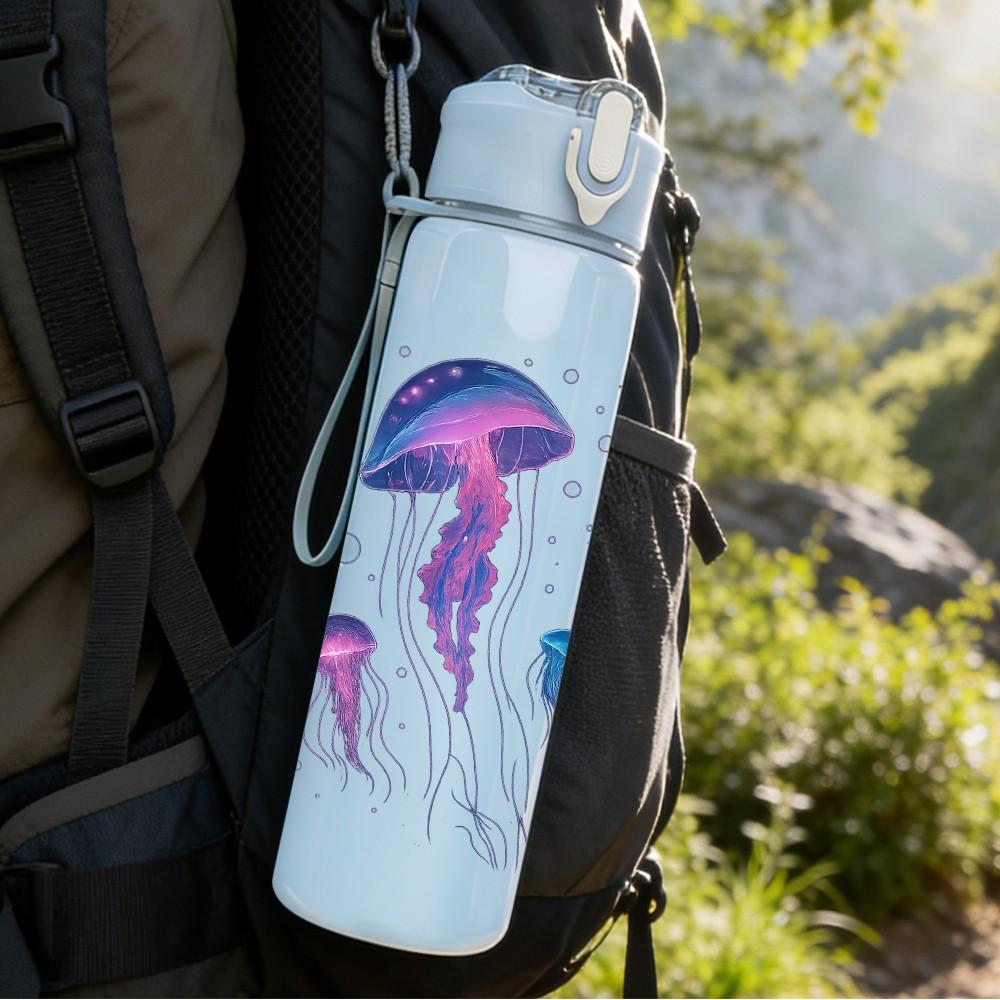 1PC Group Jellyfish Ocean Print 750ml Color Plastic Sports Water Bottle Leakproof Flip Straw Lid Suitable for Sports Office Home Use