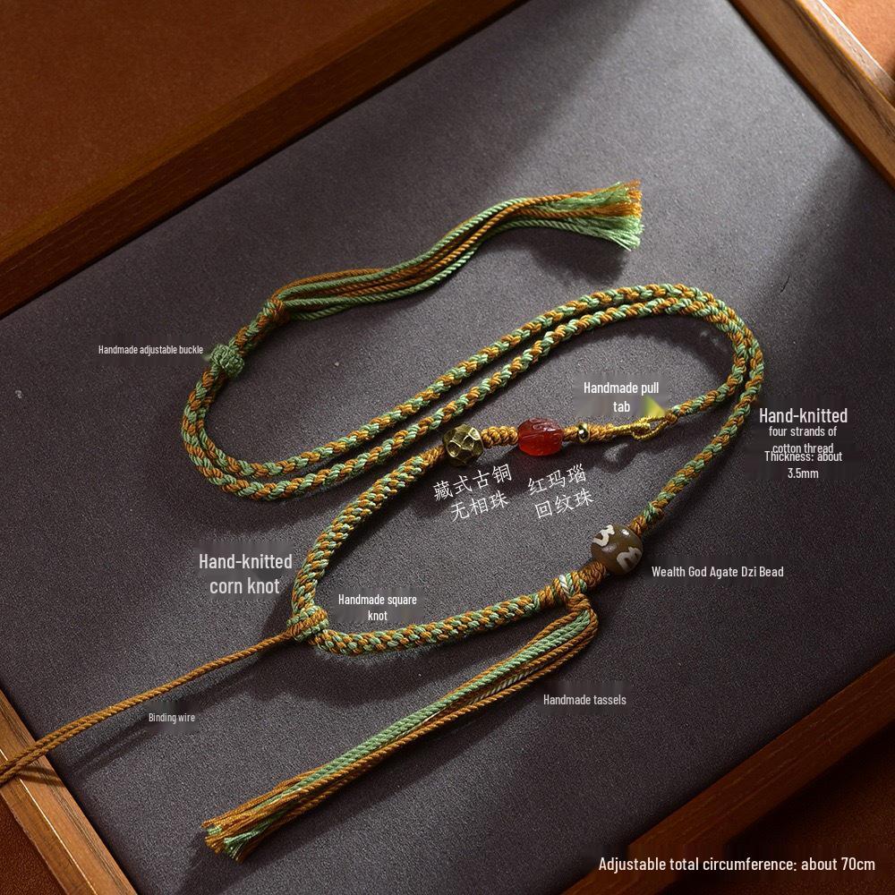 Tibetan Handmade Adjustable Thangka Pendant Necklace with Dzi Bead and Amber Jade Cord