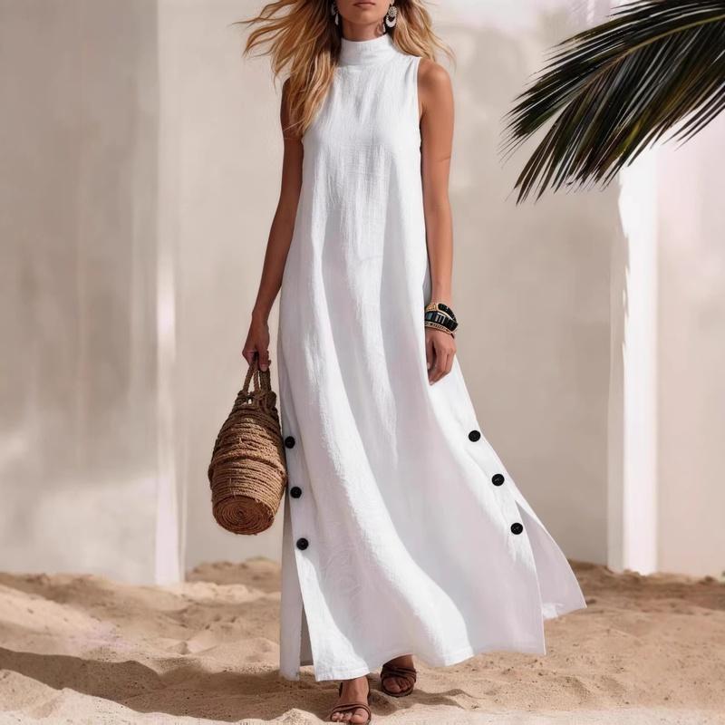 Women's Cotton Linen Maxi Dress Sleeveless Side Slit Loose Fit Casual Vacation Dress