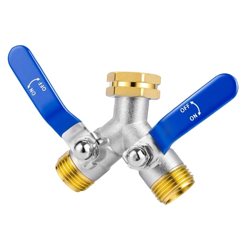 Garden Hose Branch Coupler with Separate Shut Off Handles, Brass Ends and Metal Body for Outdoor Faucet Water Use Across the Yard Daily