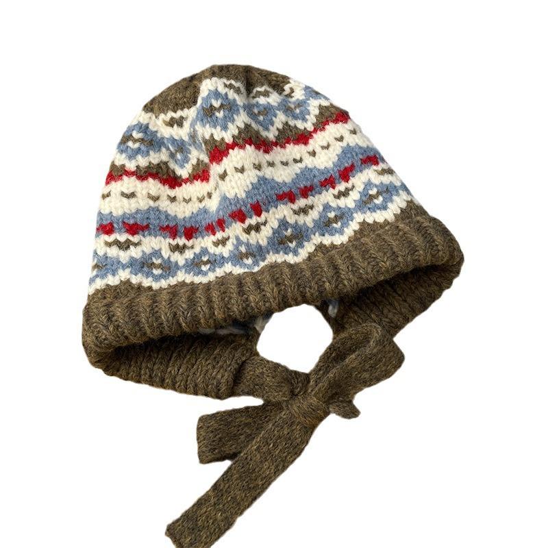 Autumn and Winter Knitted Hats Dual Use Bag Hats Retro Strappy Pile Hats Warm Woolen Hats Ethnic Style Hats for Women
