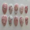 24PCS Sweet Roses False Nails with Glue Pink Gradient Bow Pearl French Fake Nails for Girls Artificial Wearable Almond Press On
