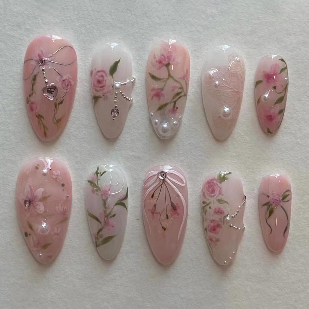 24PCS Sweet Roses False Nails with Glue Pink Gradient Bow Pearl French Fake Nails for Girls Artificial Wearable Almond Press On