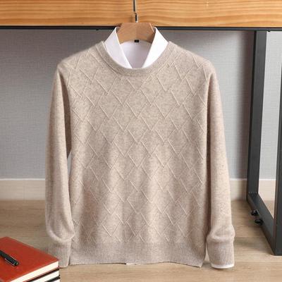 Men's Argyle Cashmere Sweater: Thick Round Neck Pullover, Business Casual, Plus Size Winter Layer