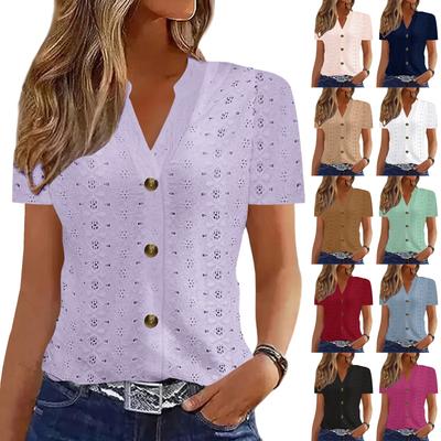 Damen-Oberteile, elegant, lässig, V-Ausschnitt, einfarbig, kurzärmelig, Bluse, lässige Oberteile, Sommerhemd