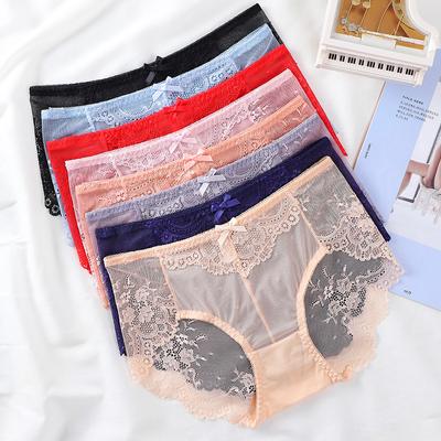 Ropa interior de encaje sexy para mujer, lencería de talla grande, bragas triangulares de cintura media de algodón de malla sin costuras