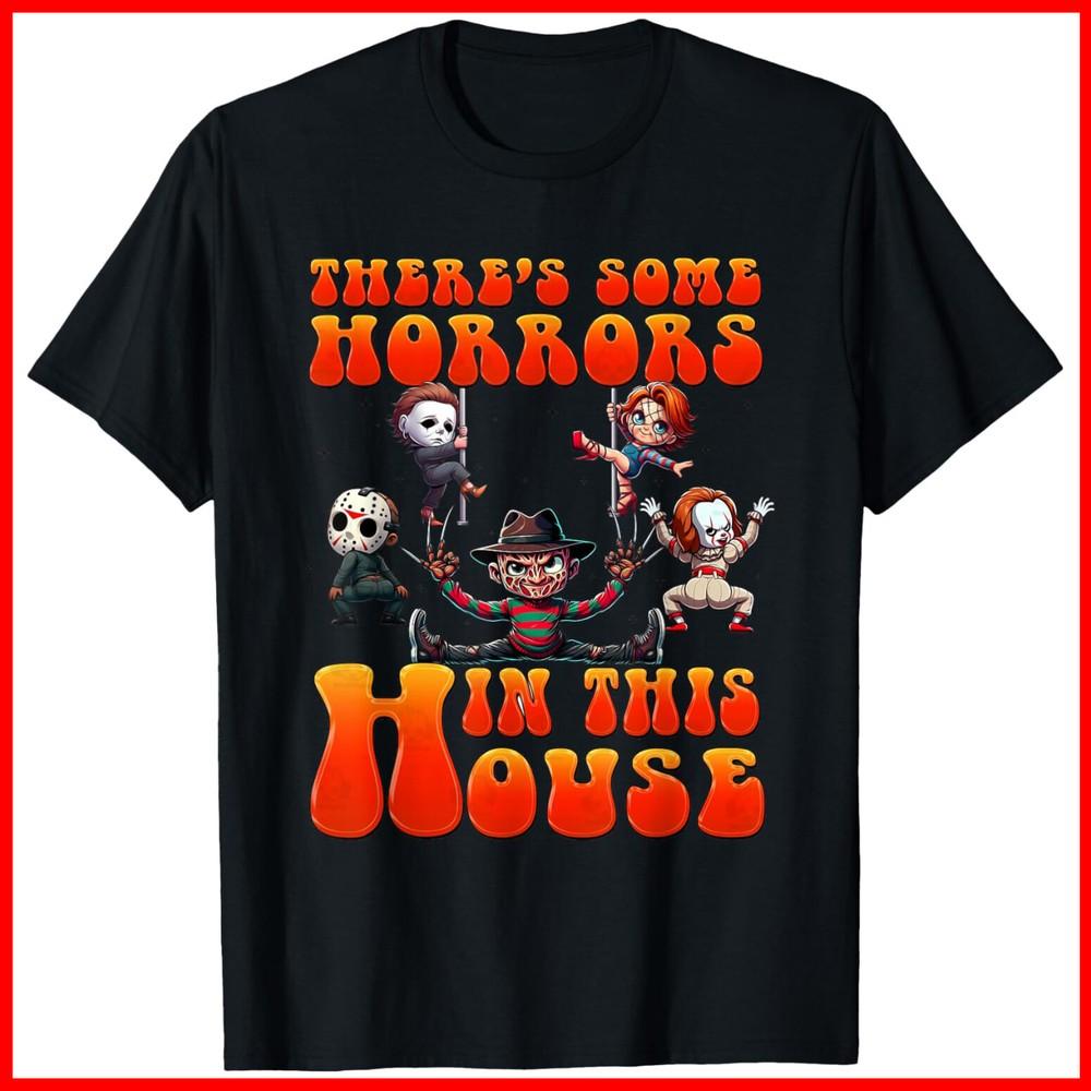 В этом доме есть некоторые ужасы Забавные персонажи ужасов Черная хлопковая футболка Унисекс футболка S