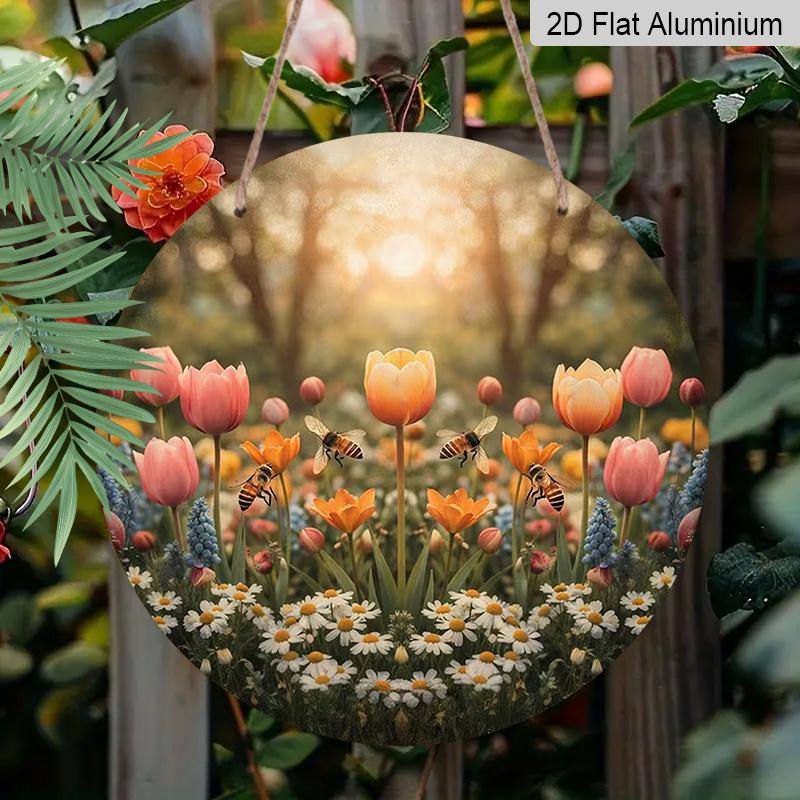 

2D Flat Aluminum Tulip and Bee Wall Decor Rustic Garden Style 7.87 Inches X 7.87 Inches Perfect for Gardens, Farmhouses, Front Doors, Porches, and 1pc