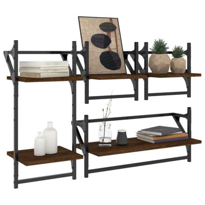VidaXL Ensemble d'étagères murales avec barres 4 pcs chêne marron 836267