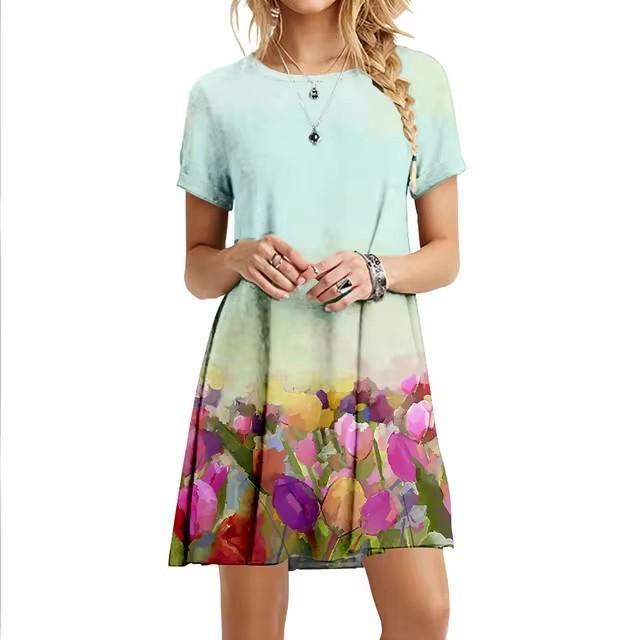 Vacation Short Sleeve T-Shirt Dress Women 3D Print Loose Plus Size Beach Dresses