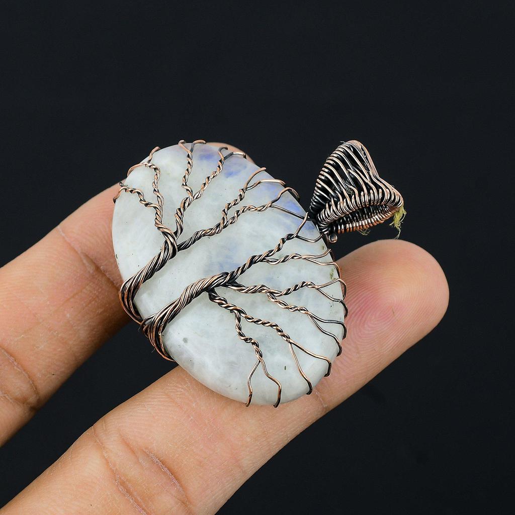Árbol de la vida doble, piedra lunar, piedra preciosa, envoltura de alambre de cobre, colgante hecho a mano, regalo de joyería