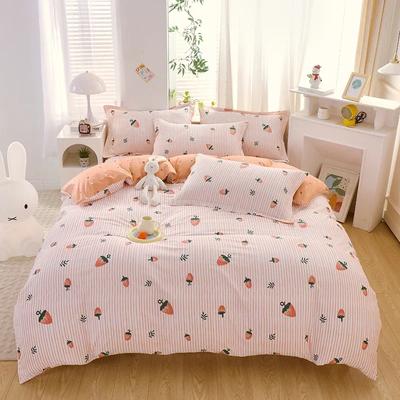 Cute Strawberry and Striped Duvet Cover Cotton Kawaii Bedding Set Soft Reversible Botanical Comforter Cover with 2 Pillowcases