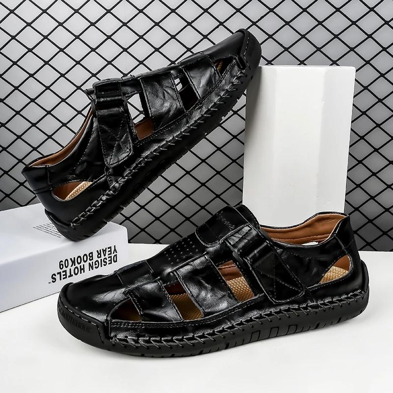 Fashion Leather Men Flats Summer New Large Size Men's Sandals Handmade Men Sandals Fashion Sandals Breathable Male Shoes Big Size 38-48