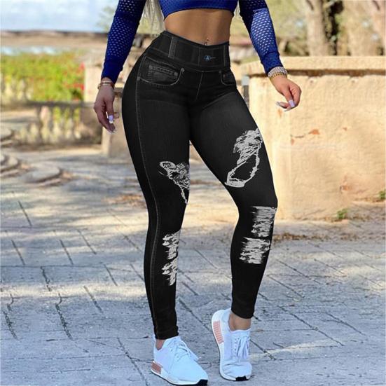Women Pants High-Elastic Tight-Fit Fabric Imitation Jeans Leggings with Pockets Printing Ergonomic Tailoring Yoga Pants