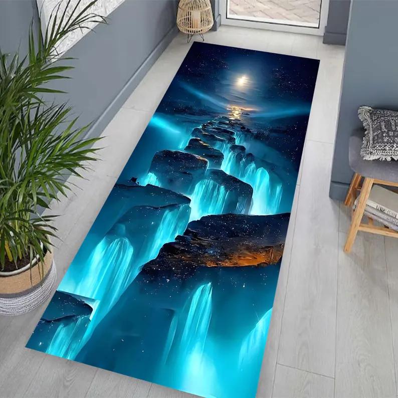 3D Luminescent Waterfall Carpet Glowing Cascade with Rock Cliff Print Runner Rug Ethereal Blue Flow Floor Mat Fashion and Beauty