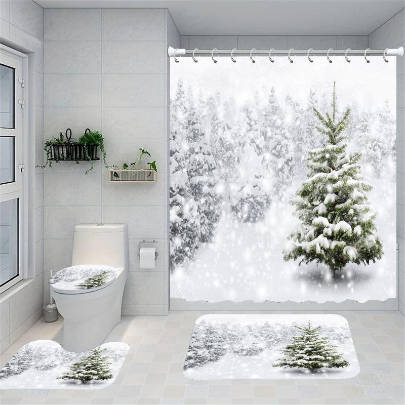 Christmas Series Shower Curtain Digital Printing Bathroom Shower Curtain Four-Piece Polyester Shower Curtain