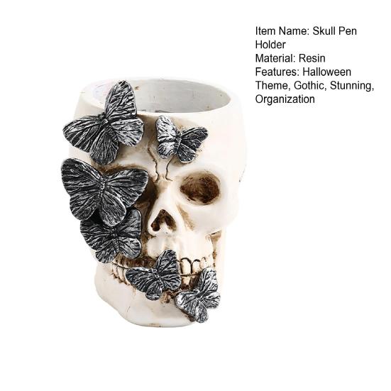 Realistisches Totenkopf-Dekor Gotischer Stifthalter, Gruselige Schmetterlings-Make-up-Pinsel Halloween-Themen-Schreibtisch-Organizer, Schreibtisch-Stiftebecher für Home Office