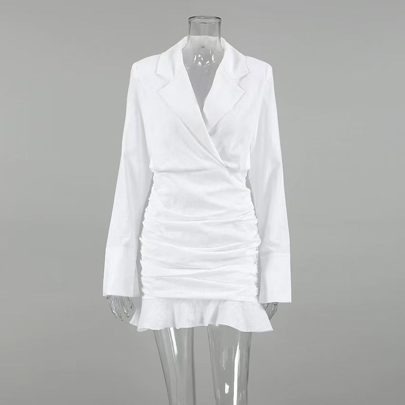 

Western Style Suit Collar Dress Design Sense White Waist Hugging Long sleeve Hip Skirt Suit Collar Dress White (lined) L