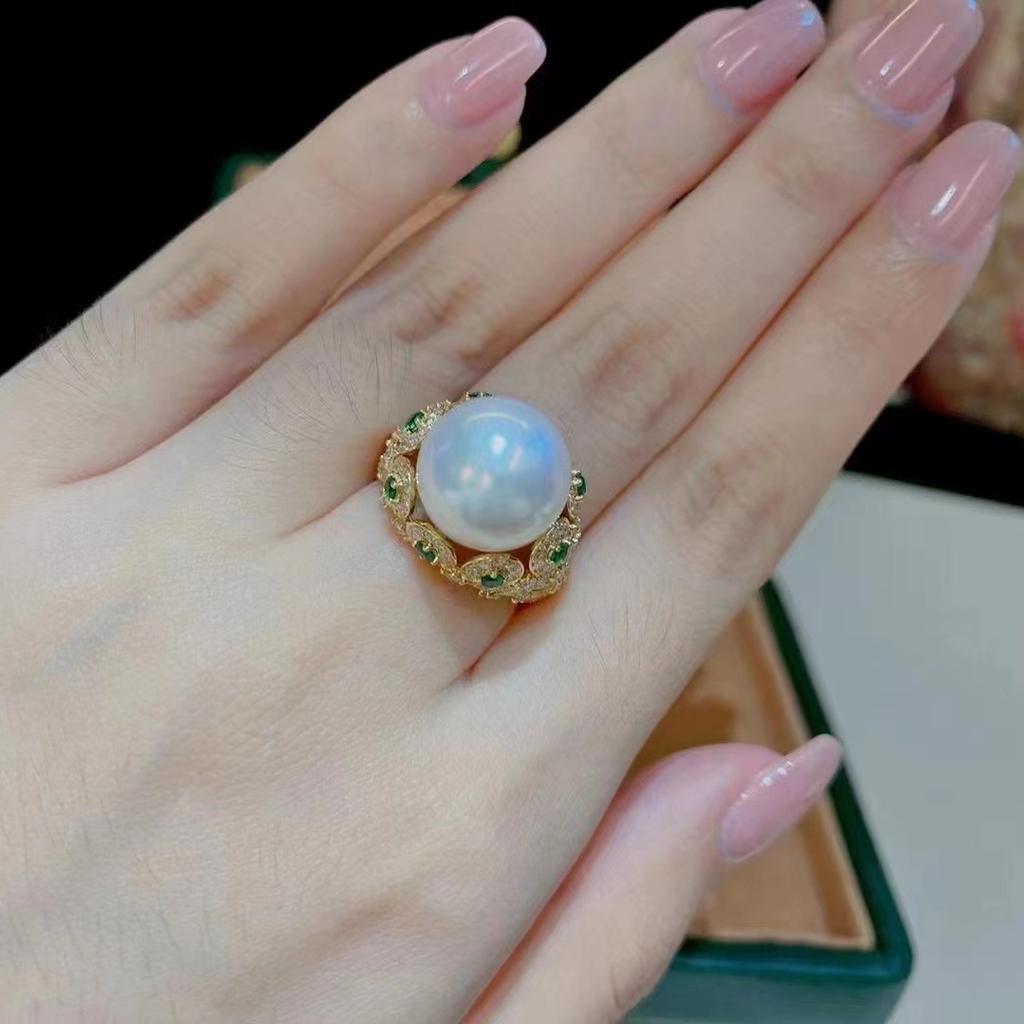 Australian White Pearl Emerald Ring Women'S Opening Plated With 18K Zircon Niche French Retro Index Finger Ring