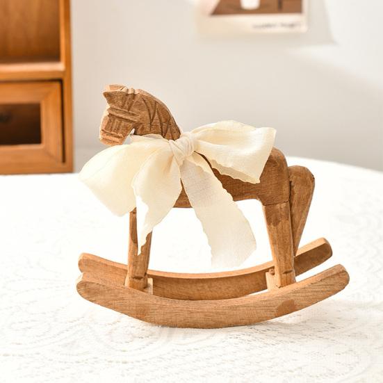 Wood Rocking Horse Figurine with Ribbon Handcrafted Rocking Horse Statue Home Office Living Room Kinetic Desktop Decoration Ornament