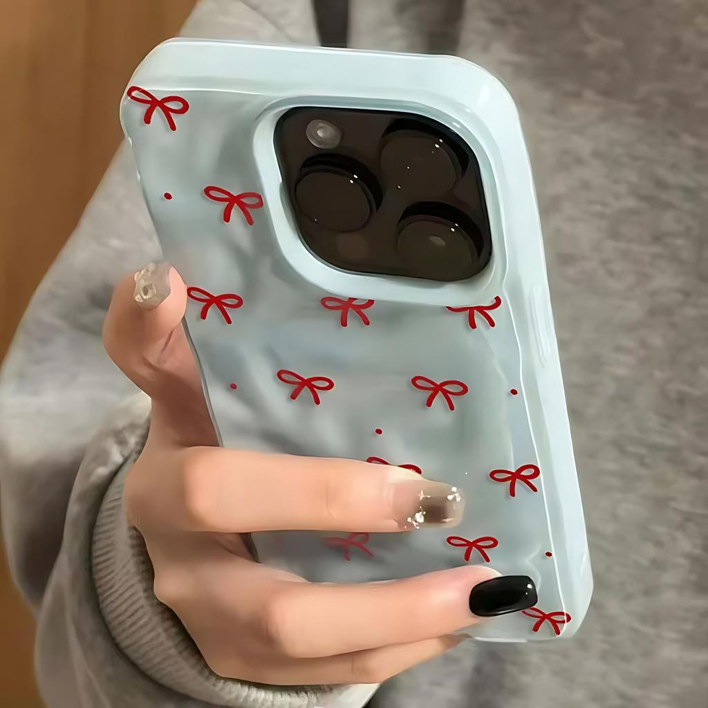 Cute Red Bow Dots Folds Texture 3D Irregular Wrinkle Phone Cases For iPhone 17 16 15 14 Plus 13 12 Air Pro Max Shockproof Glossy