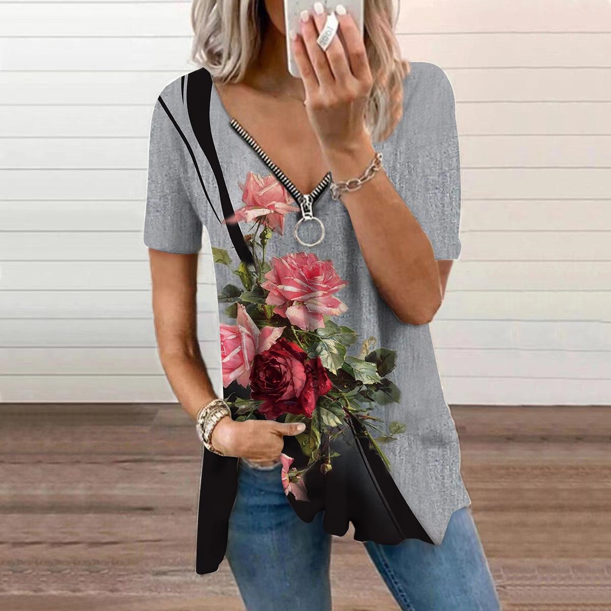 

Женский топ, летний новый модный синий топ с принтом бабочки, повседневный топ на молнии с v-образным вырезом и короткими рукавами 8XL серый