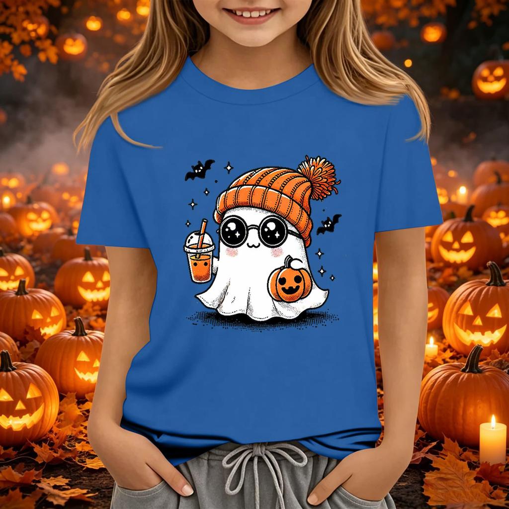 Kids Halloween Print Short Sleeve T-Shirt Round Neck Loose Fit Casual Tee for Boys Girls