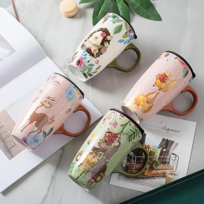 Alice Forest Teetasse, bemalt, große Kapazität, Keramikbecher mit Deckel, Cartoon-Trinkwasserbecher, Waldserie