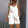 Womens Sleeveless Spaghetti Strap Romper Flowers and Plants  Print Pocket Short Jumpsuit