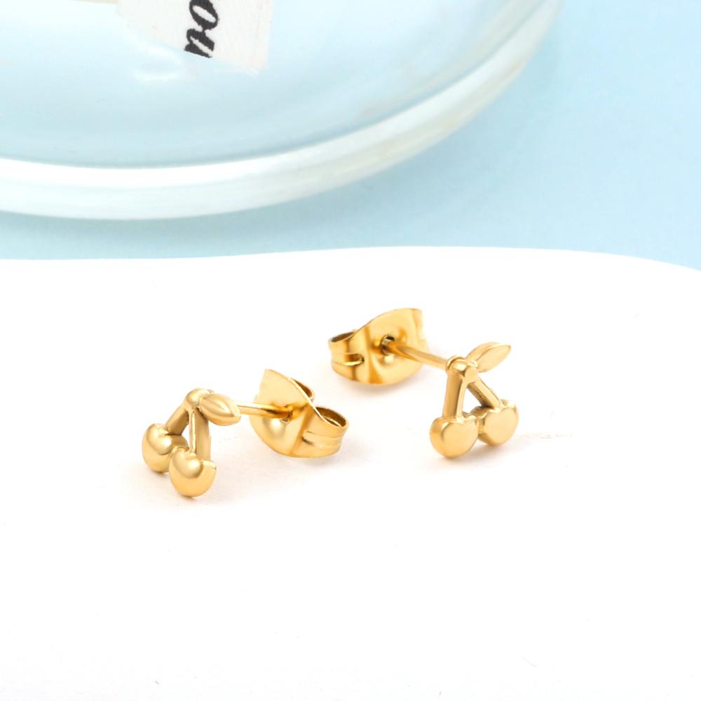 Gold Plated Small Cherry Stud Earrings For Women Girls Korean Style Stainless Steel Push Back Aretes De Mujer Casual Stud Trendy